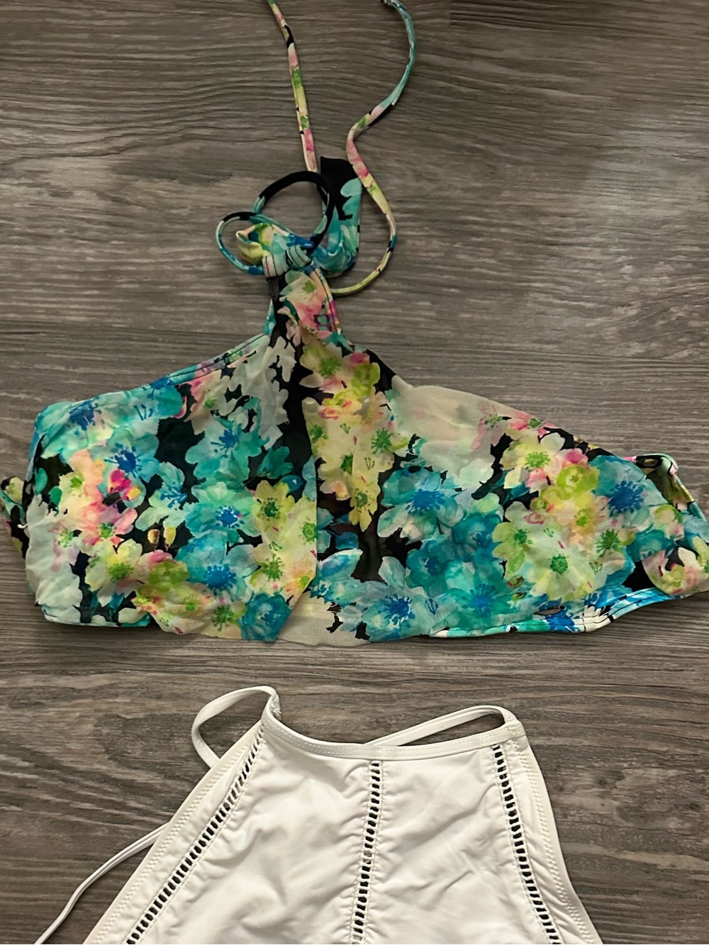 O'Neill Floral Halter Bikini Top with White High-Waist Bottoms